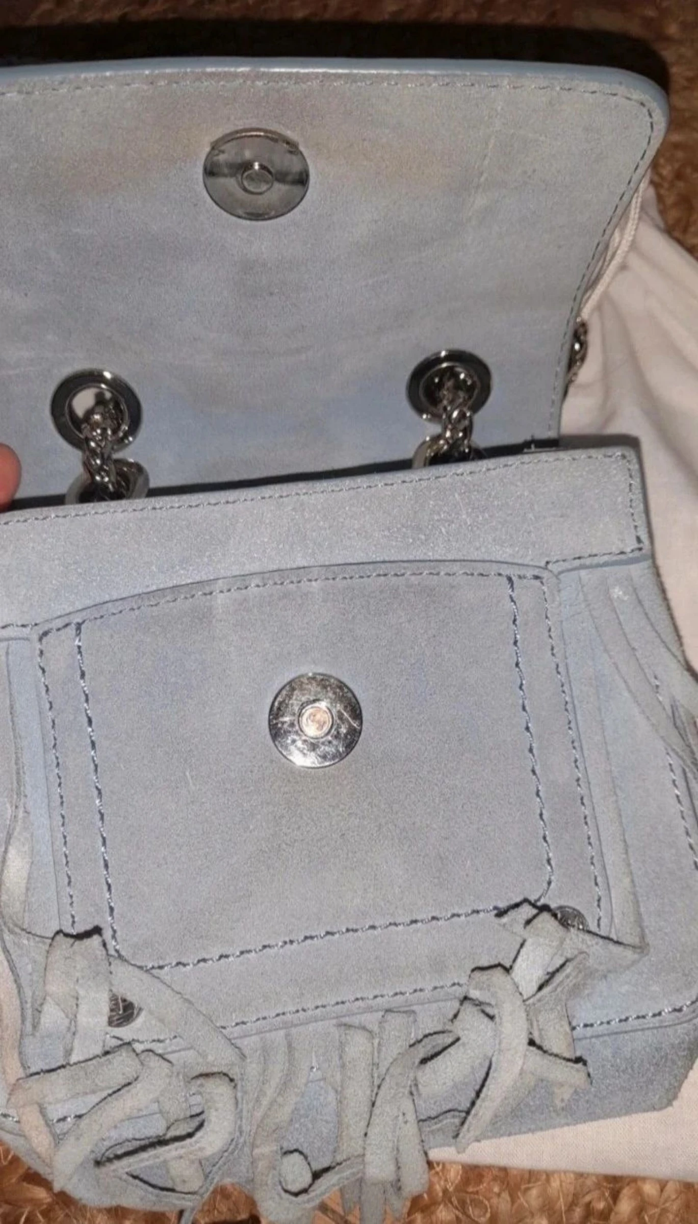 Small Claudie Pierlot blue deerskin bag with fringes Angela model model model – photo 7